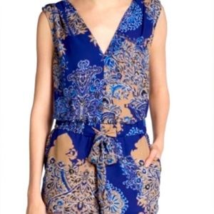 BCBG MaxAzria | Paisley Romper with Pockets, Royal and Tan | Size 10